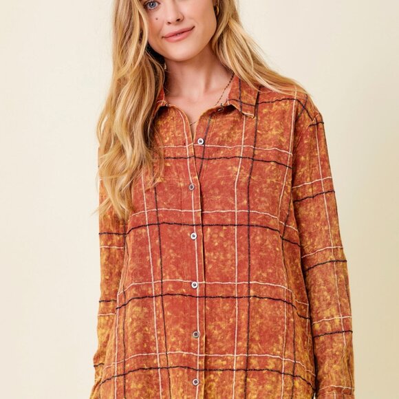 MYSTREE Rust Plaid Button Down Shirt, Distressed Hem Flannel Shirt - Picture 2 of 7